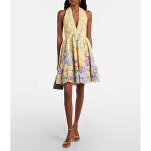 Camilla Embellished floral halterneck linen minidress